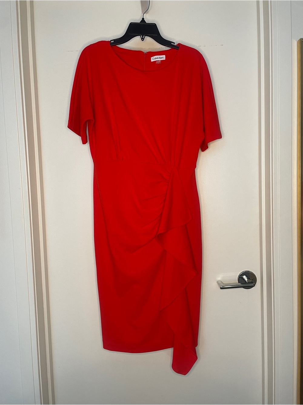 Calvin Klein Vibrant Red Midi Dress with Side Ruffle